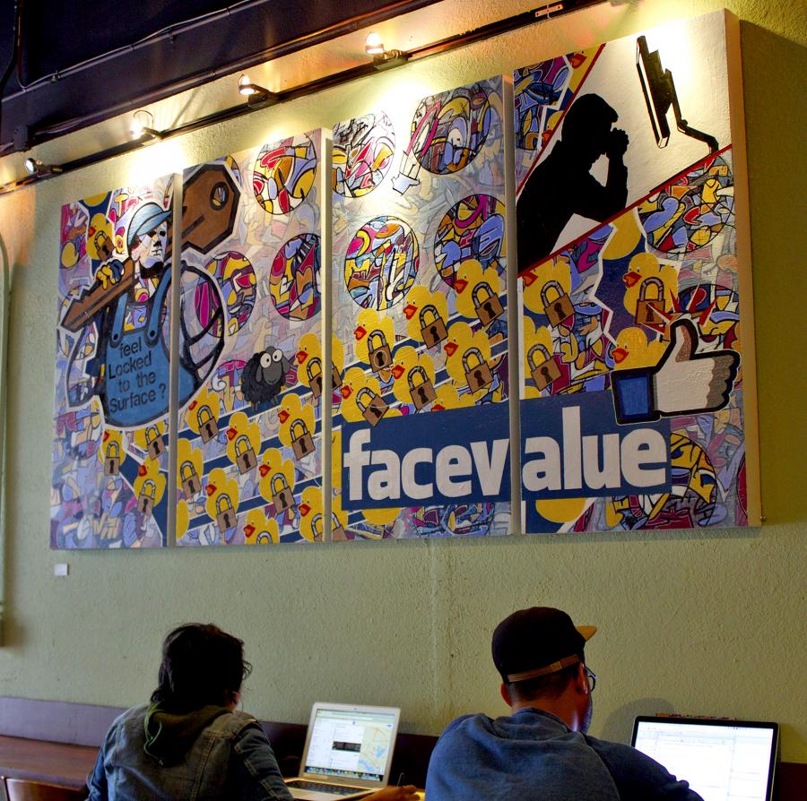 Rooz Cafe Oakland CA One Man Show- March 2016 - May 2016 Rooz Cafe Oakland CA Art Show by artist Bryan Boutwell featuring Facebook Painting